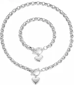 Puffs Heart Choker Necklace Bracelet Set for Women Gold/Silver Heart Pendant Necklace Bracelet Punky Pledge Necklace Bracelet Set Dainty Chunky Link Chain Choker Necklaces for Women