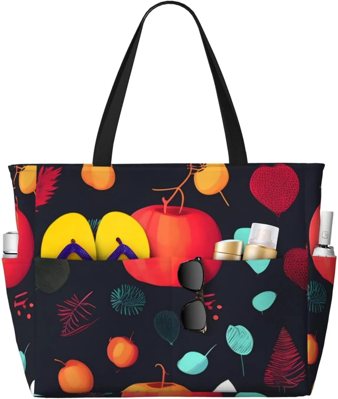 Pumpkin Flowers Print 28L Large Beach Tote Bag, 7 Pockets Waterproof Travel Shoulder Bag, Gym Oversized Tote