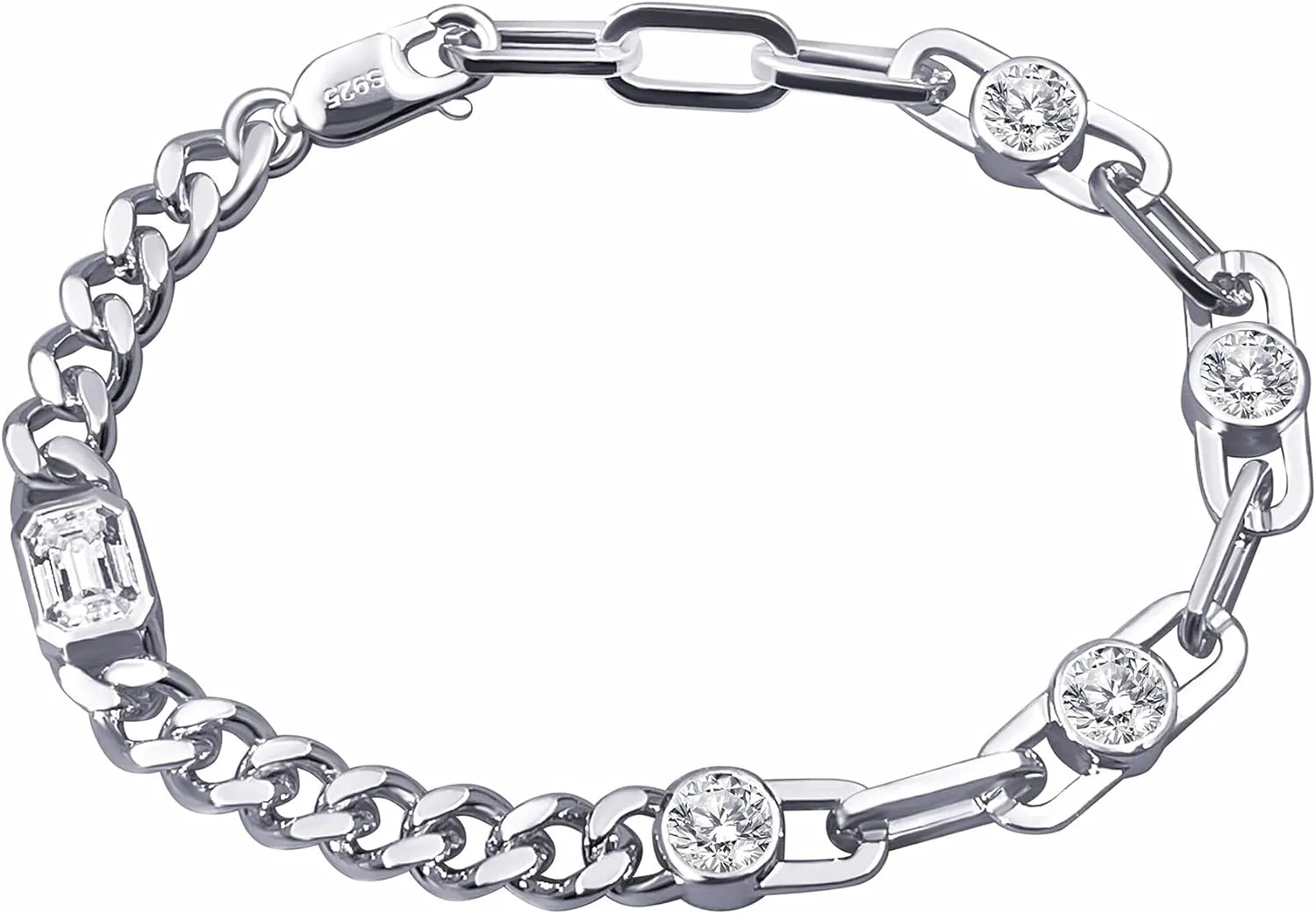 Punk Moissanite Bracelets for Women, 6.5-7.5 Inch, 3ctw DF VVS Emerald Cut Moissanite Diamonds, Silver with 18K White Gold Plated 6mm Paperclip Chain, Gothic Grunge Rock