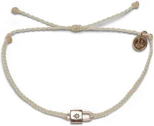 Pura Vida Rose Gold-Plated Lock Charm Bracelet w/Rhinestone - Adjustable Band, Brand Charm - Vanilla