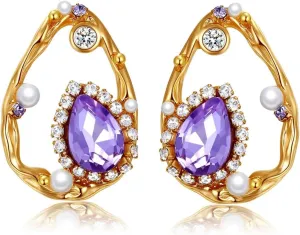 Purple earrings for women, Purple and gold earring for women with teardrop amethyst cz, pearls and crystal paves, Drop&dangle earrings with gold plated posts