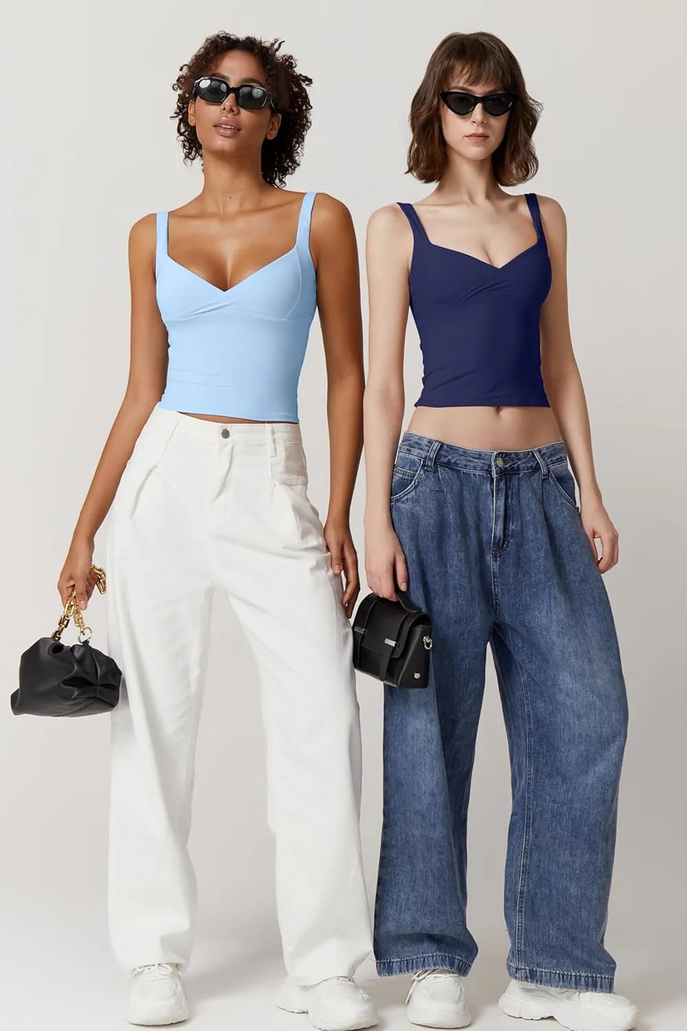 QINSEN Women's V Neck Tank Tops Double Lined Adjustable Strap Camisole Shirt
