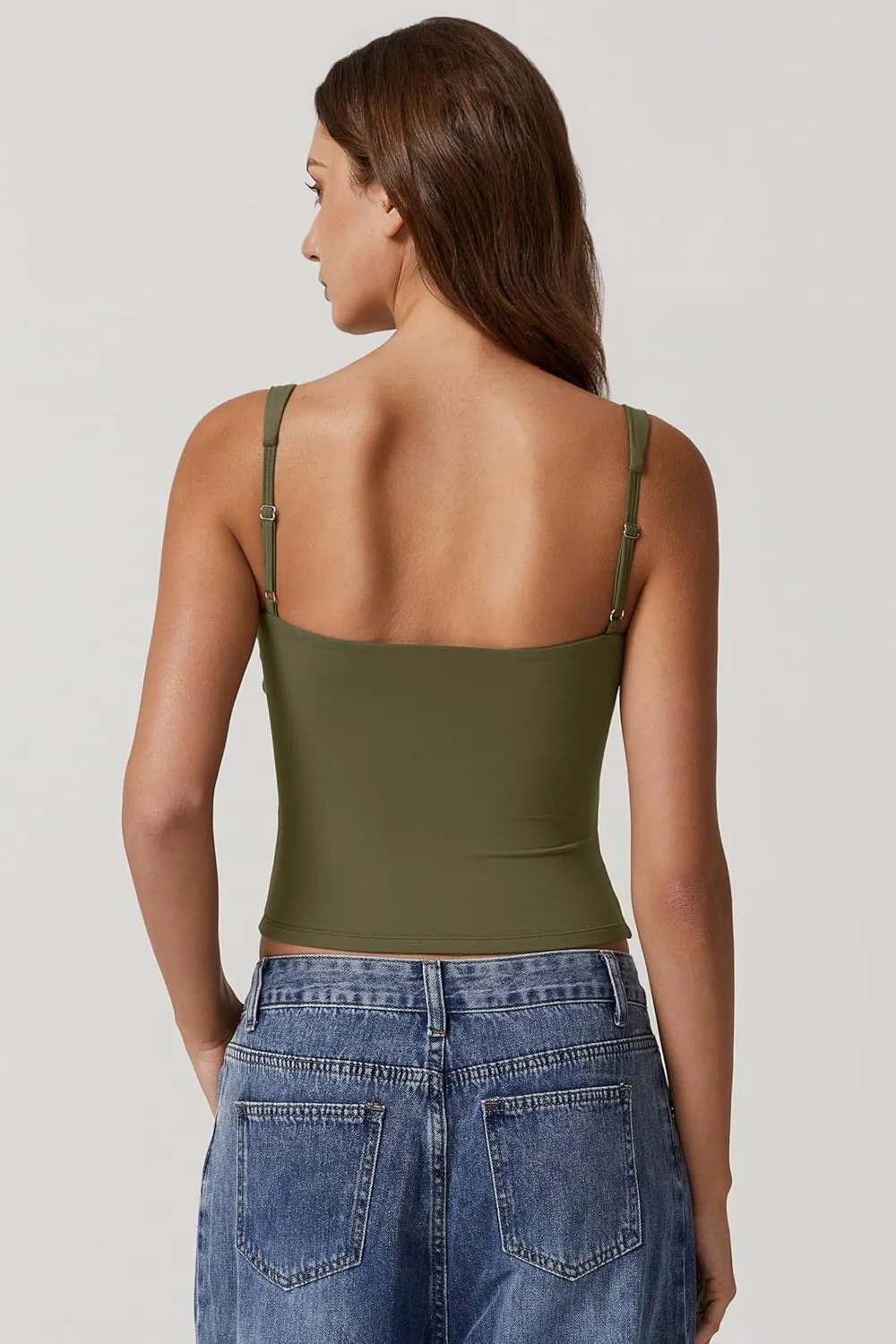 QINSEN Women's V Neck Tank Tops Double Lined Adjustable Strap Camisole Shirt