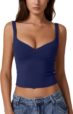 QINSEN Women's V Neck Tank Tops Double Lined Adjustable Strap Camisole Shirt