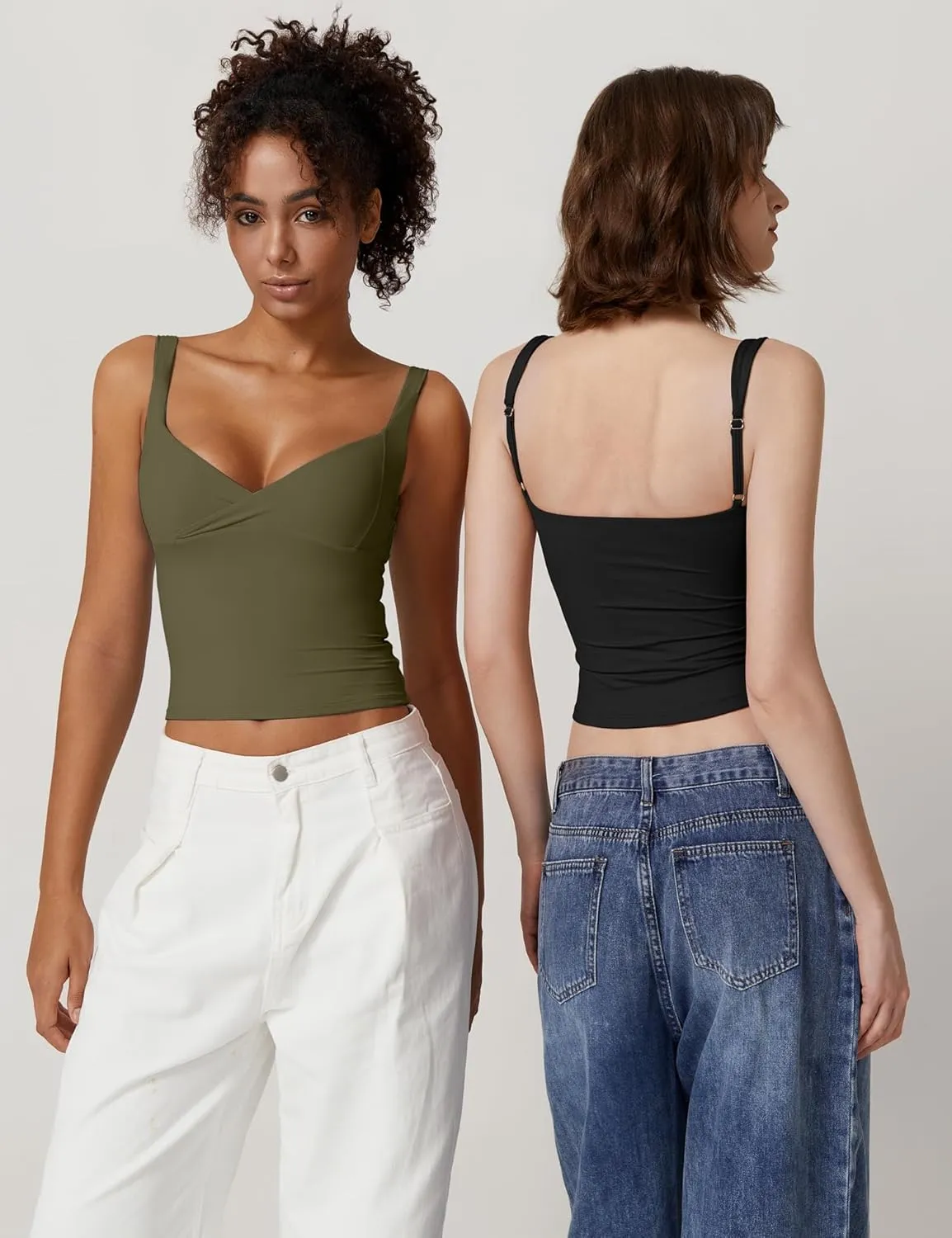 QINSEN Women's V Neck Tank Tops Double Lined Adjustable Strap Camisole Shirt