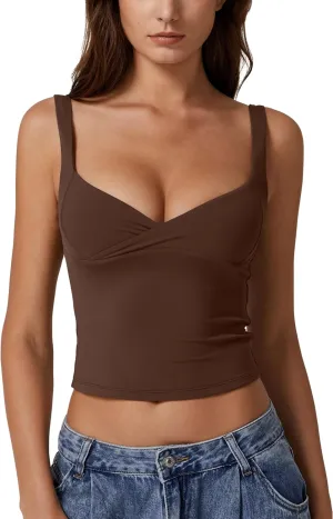 QINSEN Women's V Neck Tank Tops Double Lined Adjustable Strap Camisole Shirt