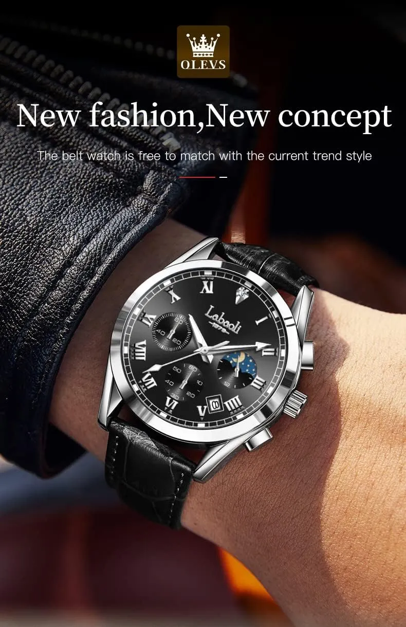 Quartz Casual Men's WatchesGenuine Leather Strap Mens Watches, Waterproof, Night Light, Calendar, Chronograph Watch for Stylish Men