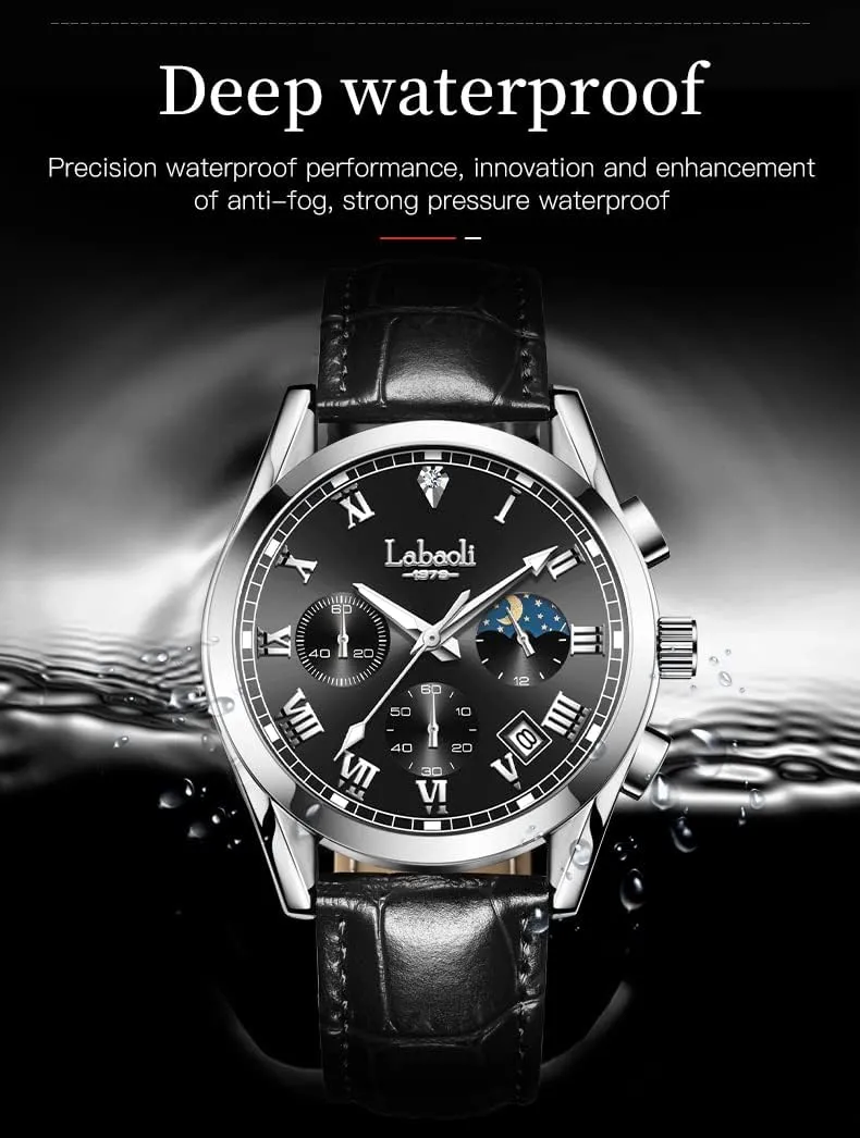 Quartz Casual Men's WatchesGenuine Leather Strap Mens Watches, Waterproof, Night Light, Calendar, Chronograph Watch for Stylish Men