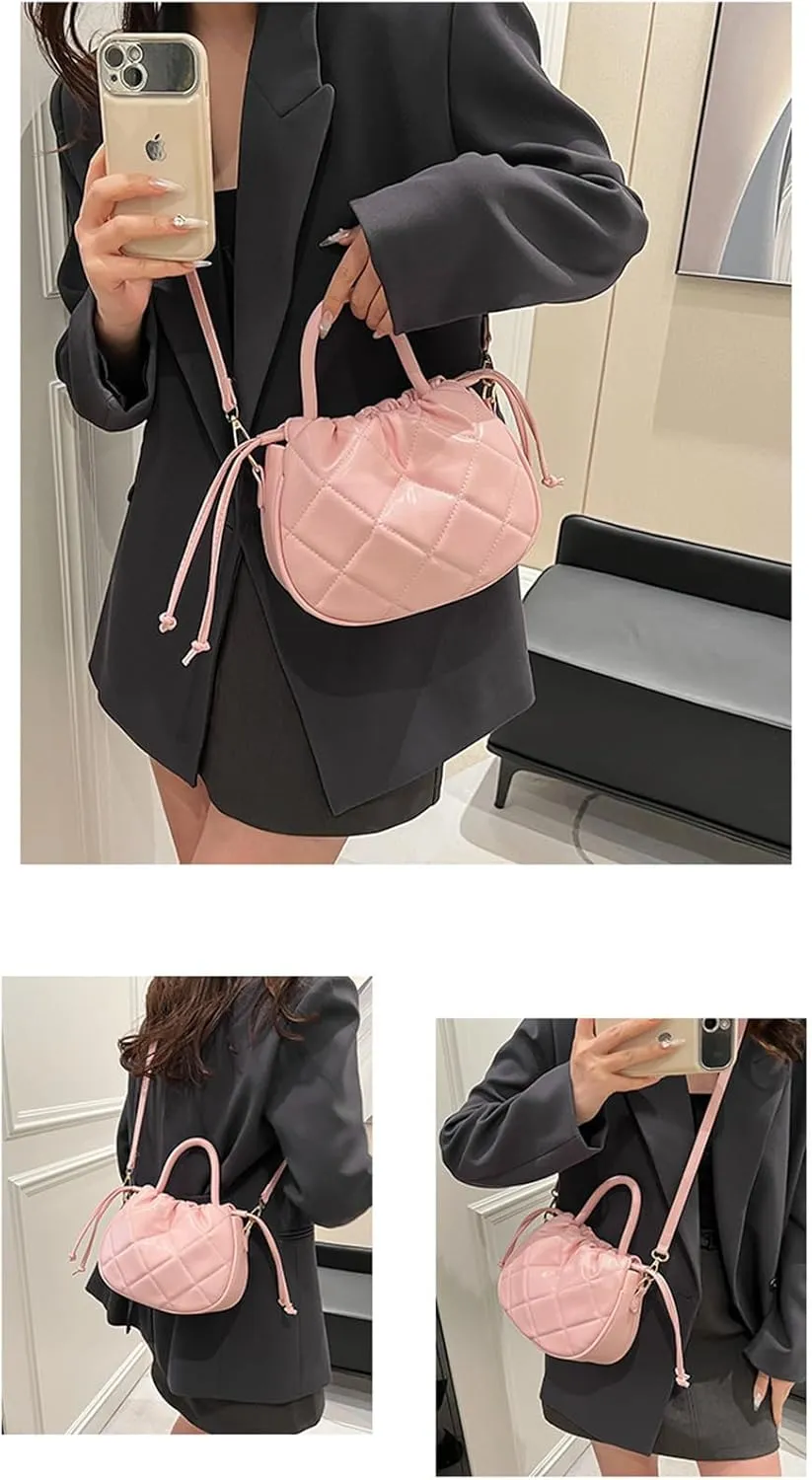Quilted Drawstring Bucket Bag Small Leather Crossbody Bucket Handbag and Purse Hobo Bucket Tote Bag