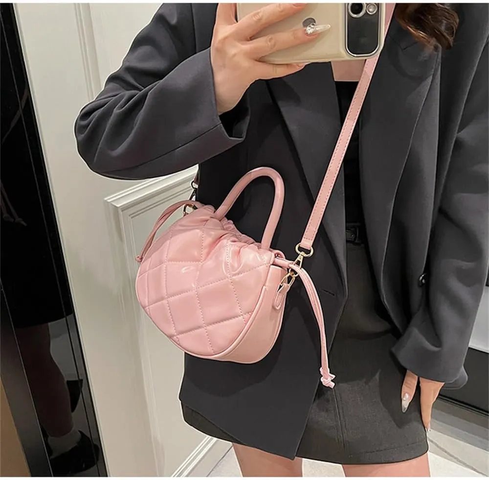 Quilted Drawstring Bucket Bag Small Leather Crossbody Bucket Handbag and Purse Hobo Bucket Tote Bag