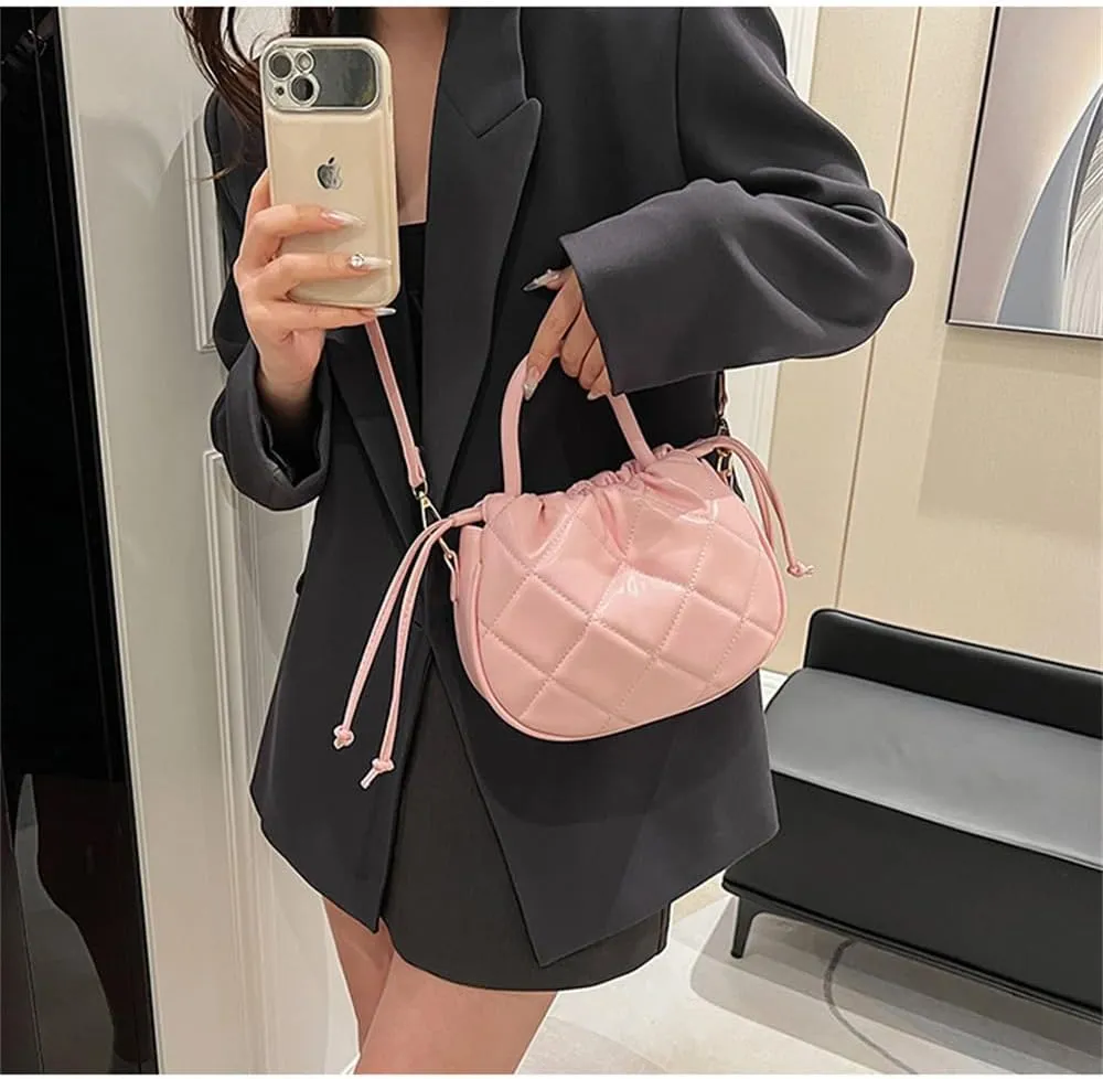 Quilted Drawstring Bucket Bag Small Leather Crossbody Bucket Handbag and Purse Hobo Bucket Tote Bag
