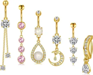 QWALIT Belly Button Rings 14G Surgical Steel Belly Rings CZ Opal Navel Piercing Jewelry for Women Girls 3/8" 10mm Silver Rose Gold