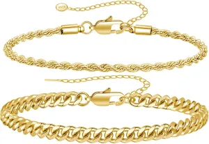 RANKEEF 2 Pcs Chain Bracelet for Men - 925 Sterling Silver 7-9inch Figaro Rope Cuban Link Bracelet Set - Gifts for Dad, Husband, Boyfriend