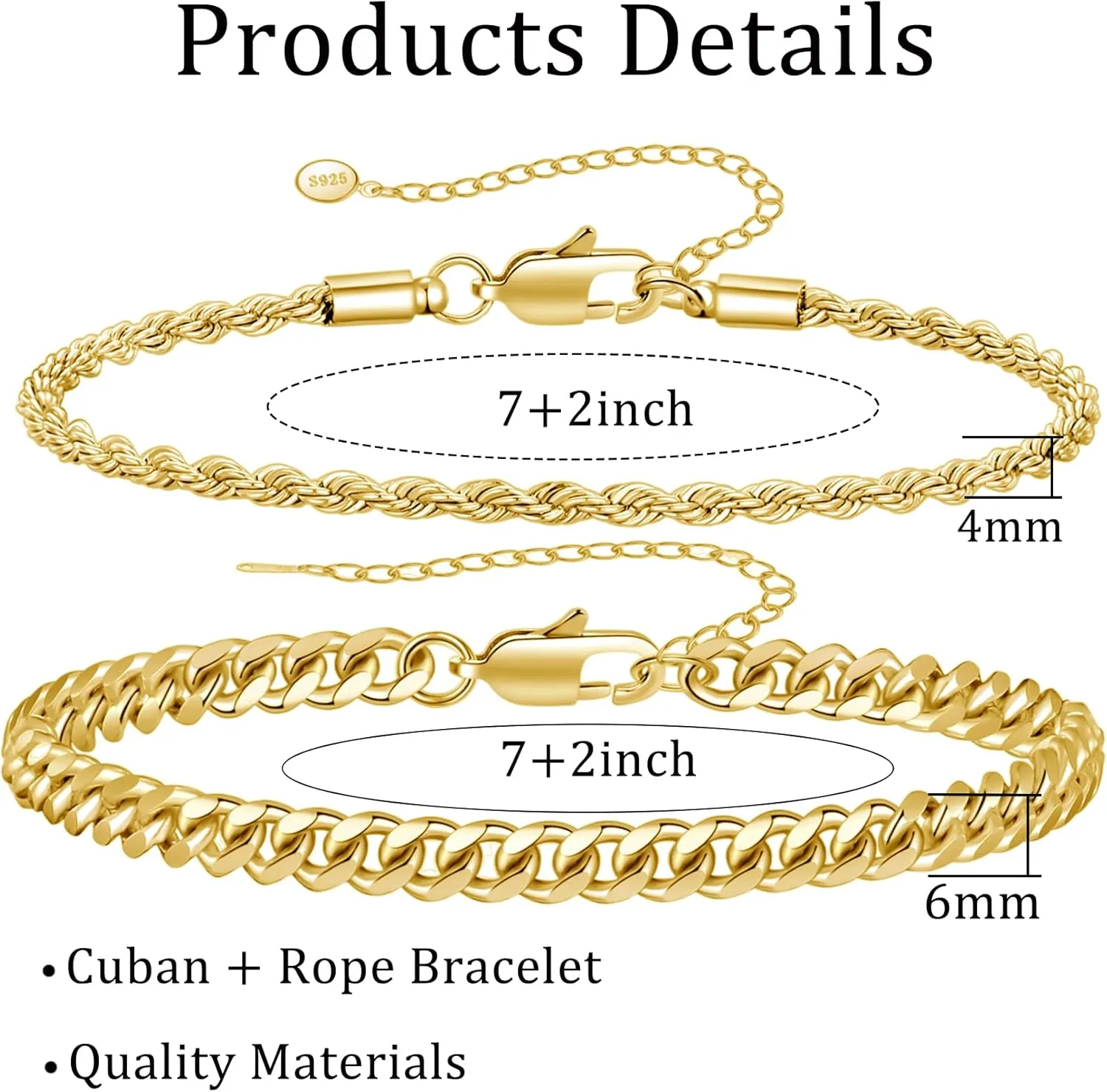RANKEEF 2 Pcs Chain Bracelet for Men - 925 Sterling Silver 7-9inch Figaro Rope Cuban Link Bracelet Set - Gifts for Dad, Husband, Boyfriend