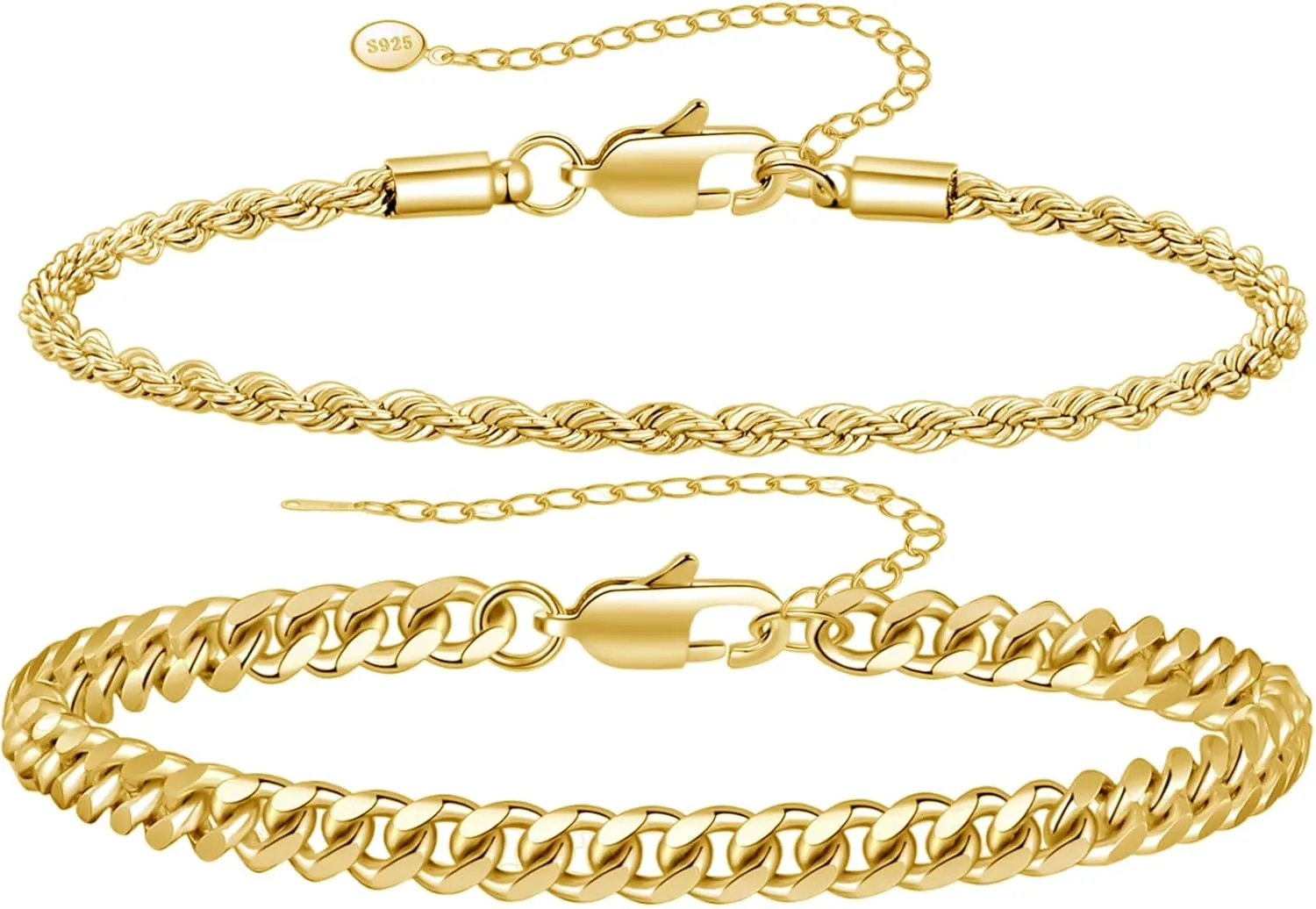 RANKEEF 2 Pcs Chain Bracelet for Men - 925 Sterling Silver 7-9inch Figaro Rope Cuban Link Bracelet Set - Gifts for Dad, Husband, Boyfriend
