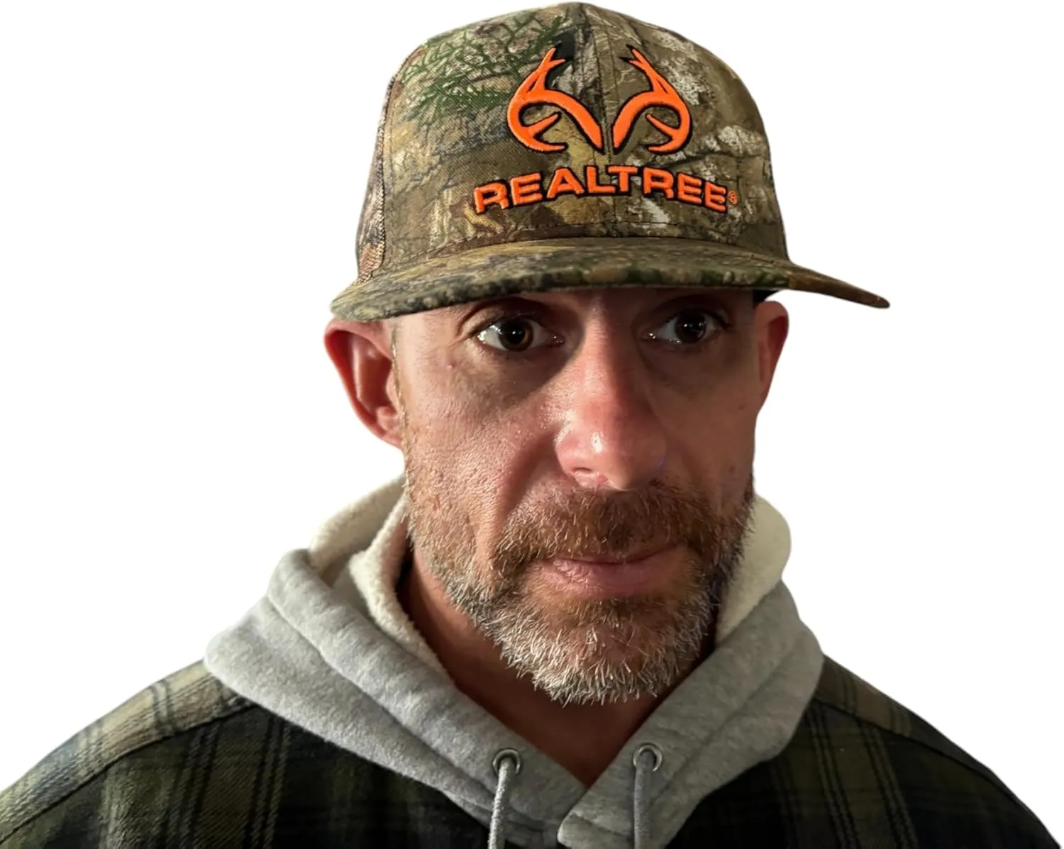 Realtree RT Edge Blaze Orange Antler Logo Camo Trucker Cap Hat Camouflage Mesh Snap Back Mid Profile Flat Bill Wicking Sweatband 6-Panel Structured Modern Trucker Mid Crown Hat