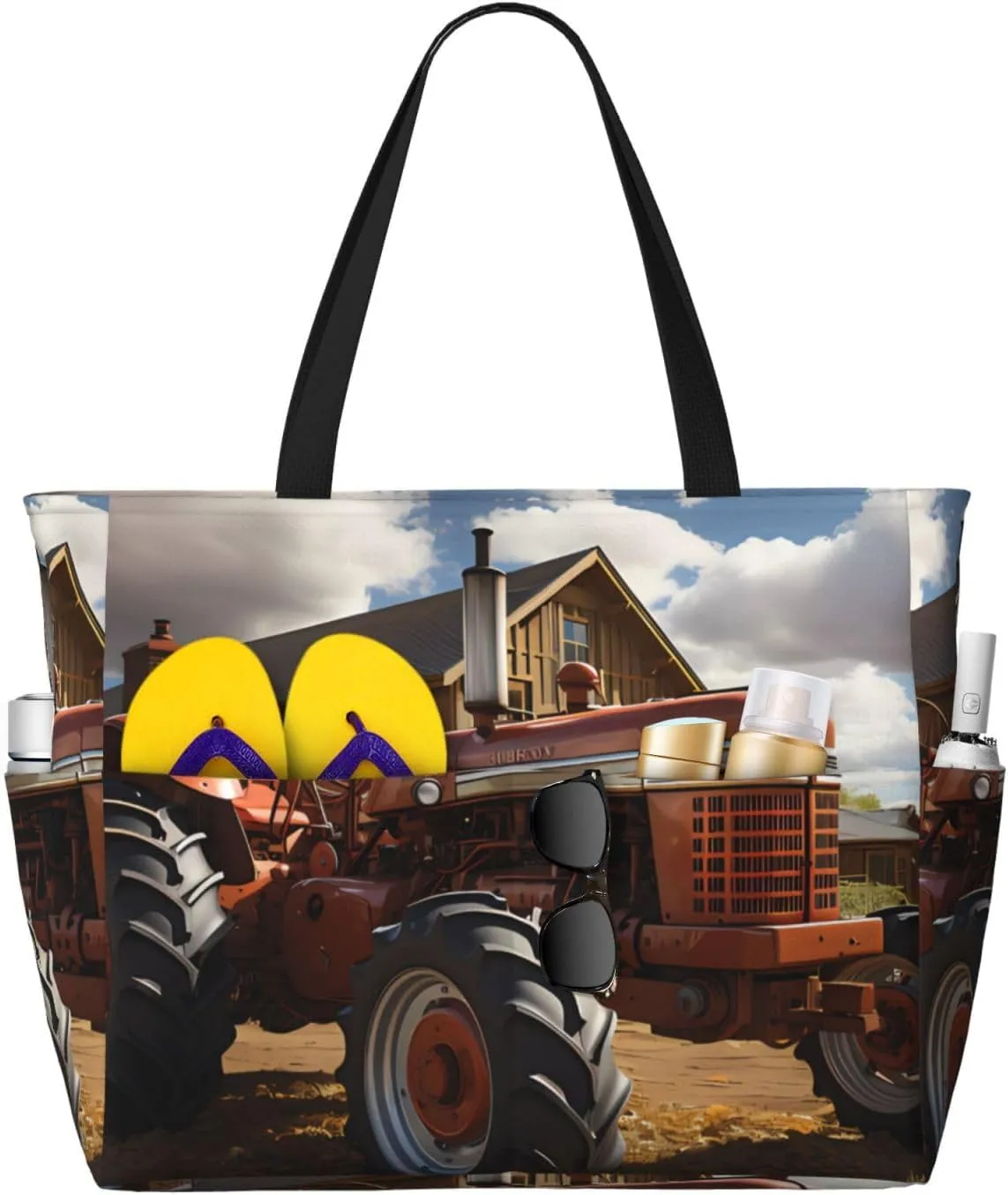 Red Tractor Print 28L Large Beach Tote Bag, 7 Pockets Waterproof Travel Shoulder Bag, Gym Oversized Tote