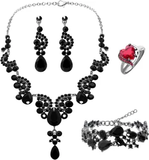 Rhinestone Crystal Bridal Women's Wedding Floral Wave Teardrop Cluster Statement Necklace Earrings Bracelet Ring Jewelry Set