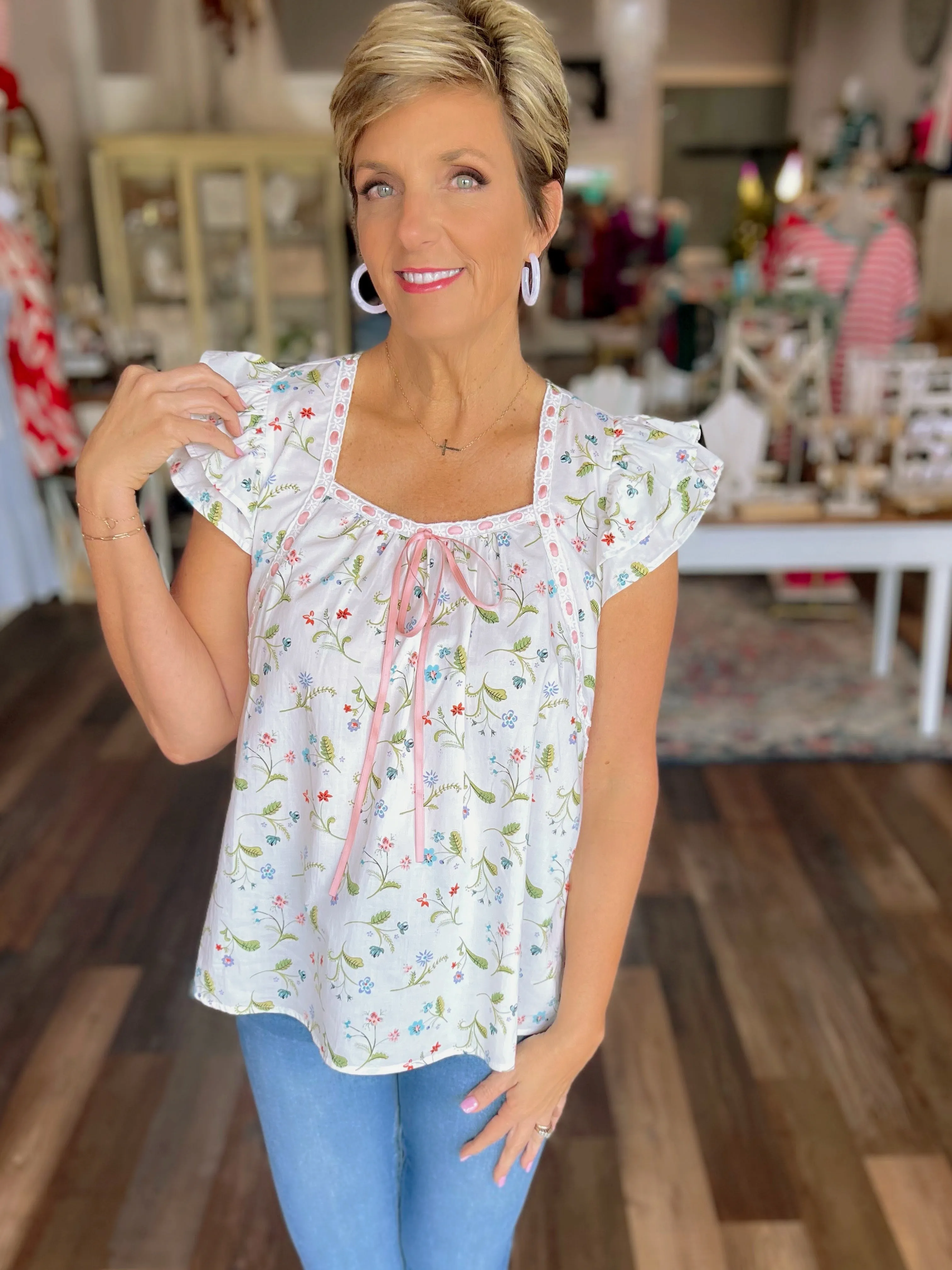 Ribbon Detail Floral Print Blouse