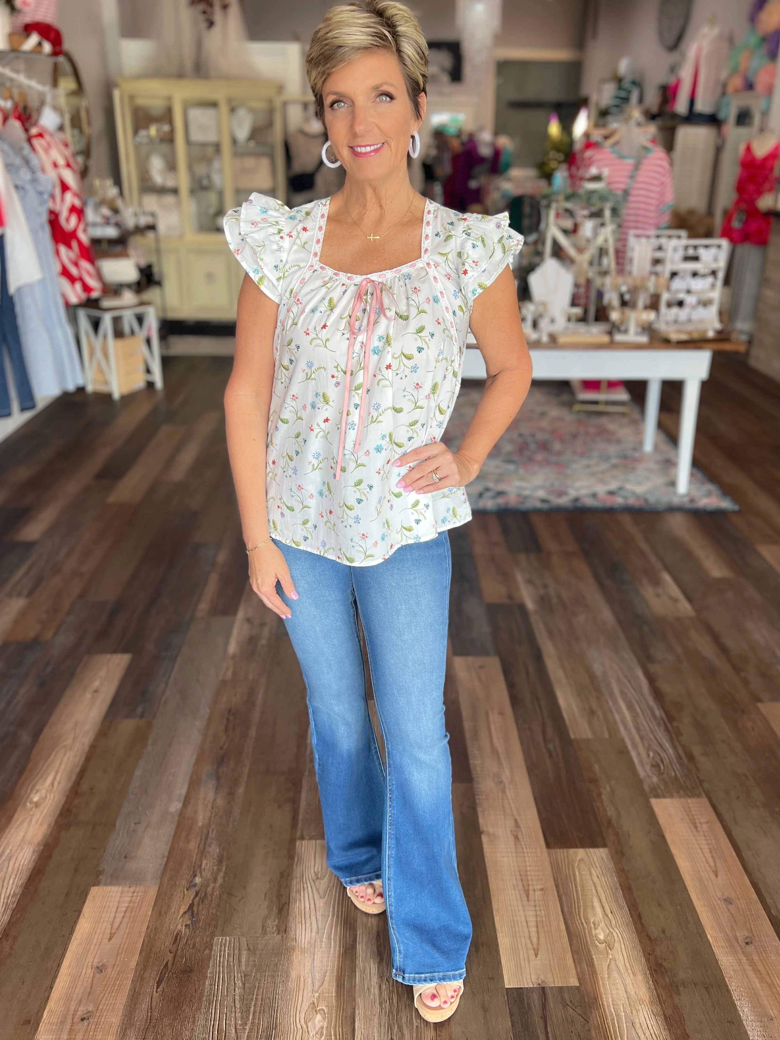 Ribbon Detail Floral Print Blouse