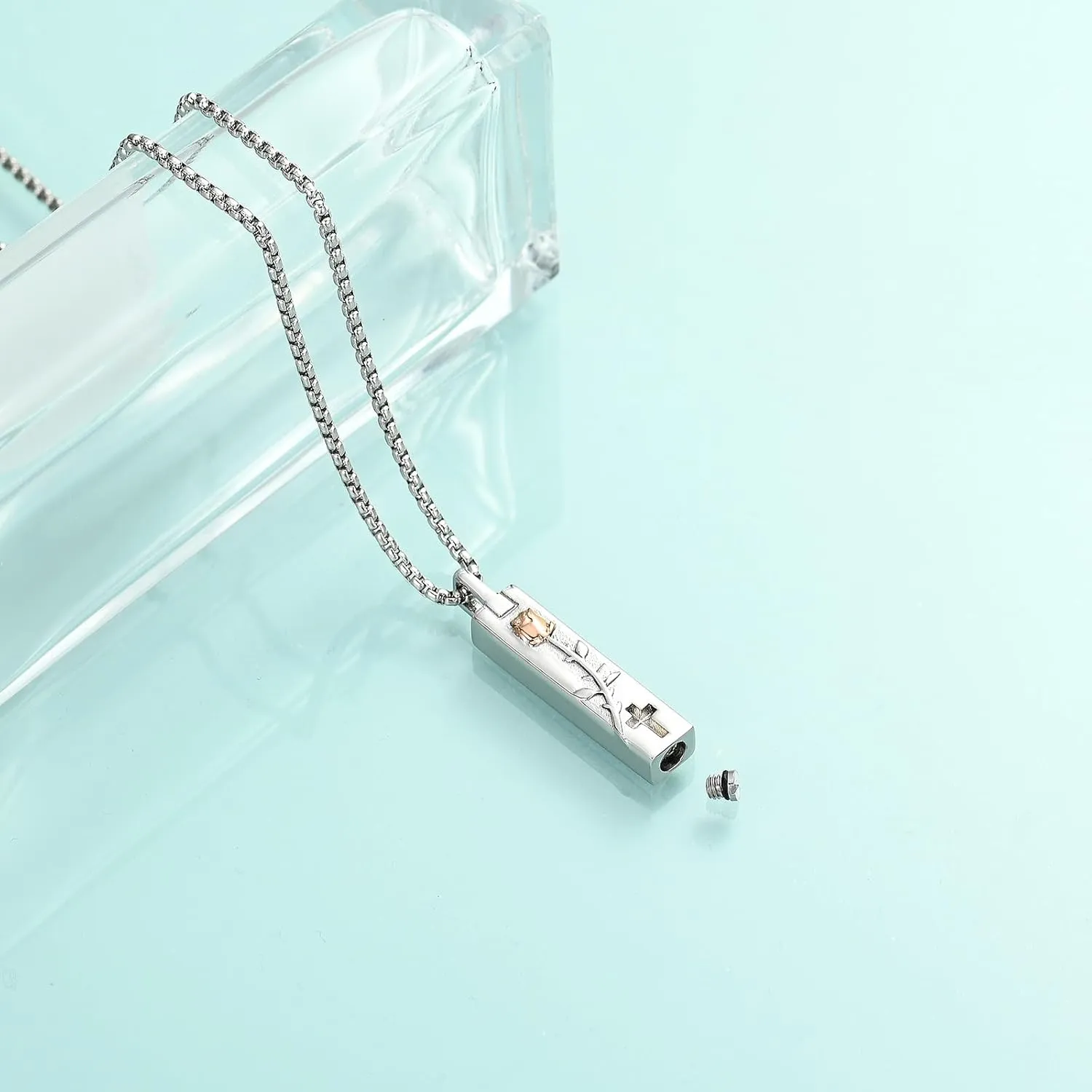 Rose Flower Cremation Jewelry Vertical Bar Ashes Necklaces for Men Women Cremation Memorial Ashes Urn Pendant Keepsakes Jewelry