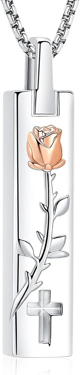 Rose Flower Cremation Jewelry Vertical Bar Ashes Necklaces for Men Women Cremation Memorial Ashes Urn Pendant Keepsakes Jewelry