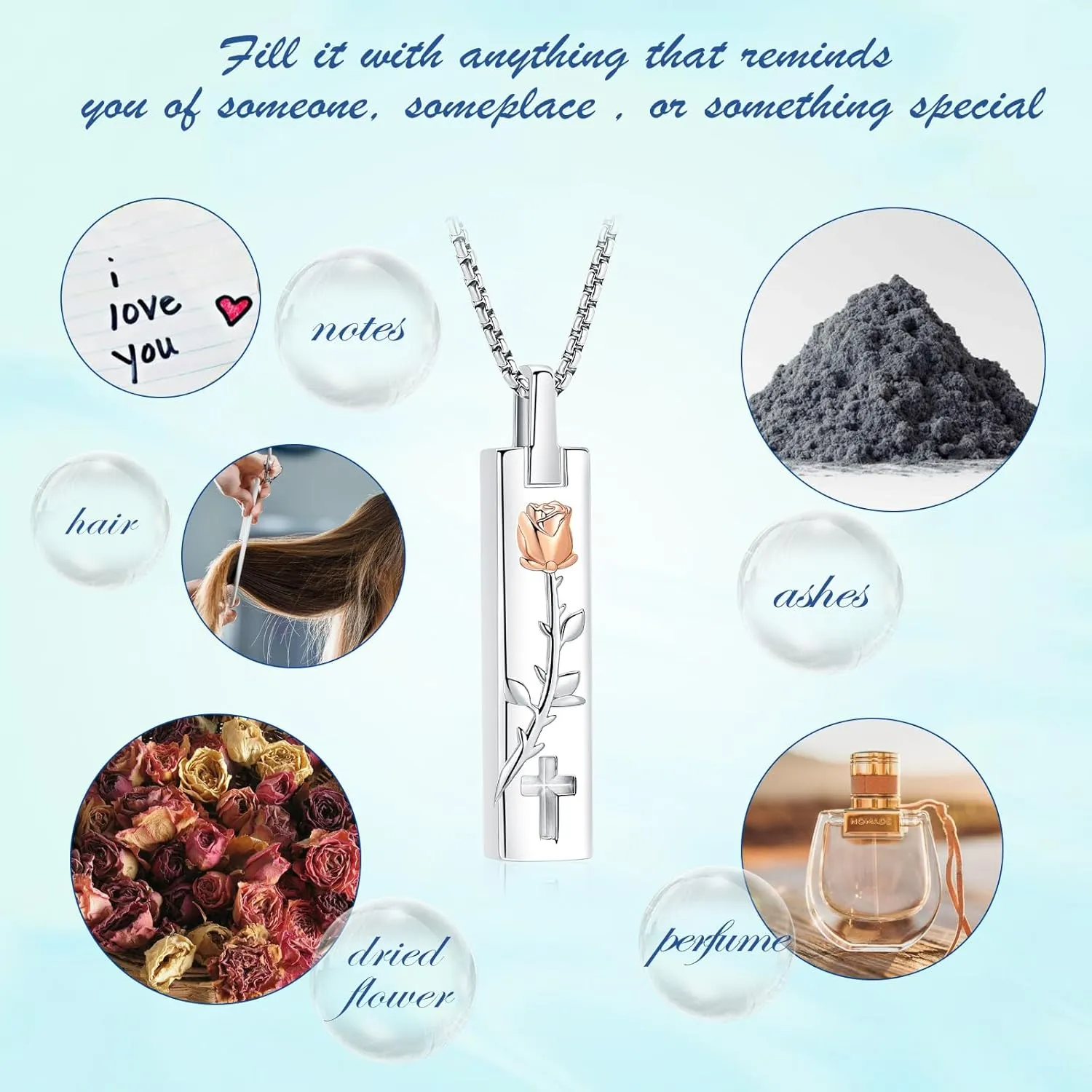 Rose Flower Cremation Jewelry Vertical Bar Ashes Necklaces for Men Women Cremation Memorial Ashes Urn Pendant Keepsakes Jewelry