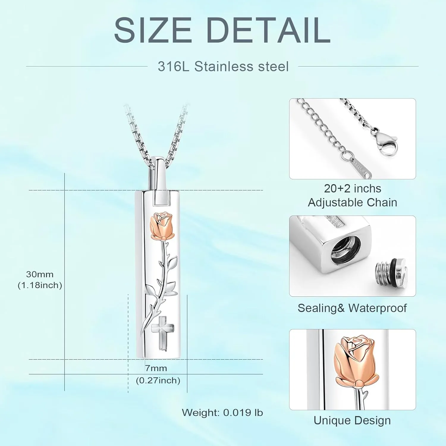 Rose Flower Cremation Jewelry Vertical Bar Ashes Necklaces for Men Women Cremation Memorial Ashes Urn Pendant Keepsakes Jewelry