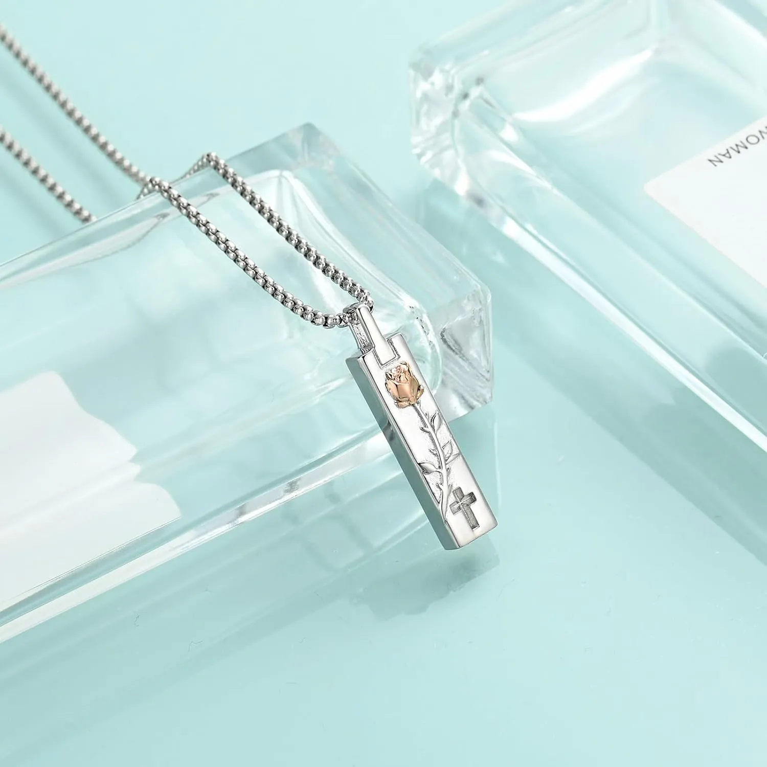 Rose Flower Cremation Jewelry Vertical Bar Ashes Necklaces for Men Women Cremation Memorial Ashes Urn Pendant Keepsakes Jewelry