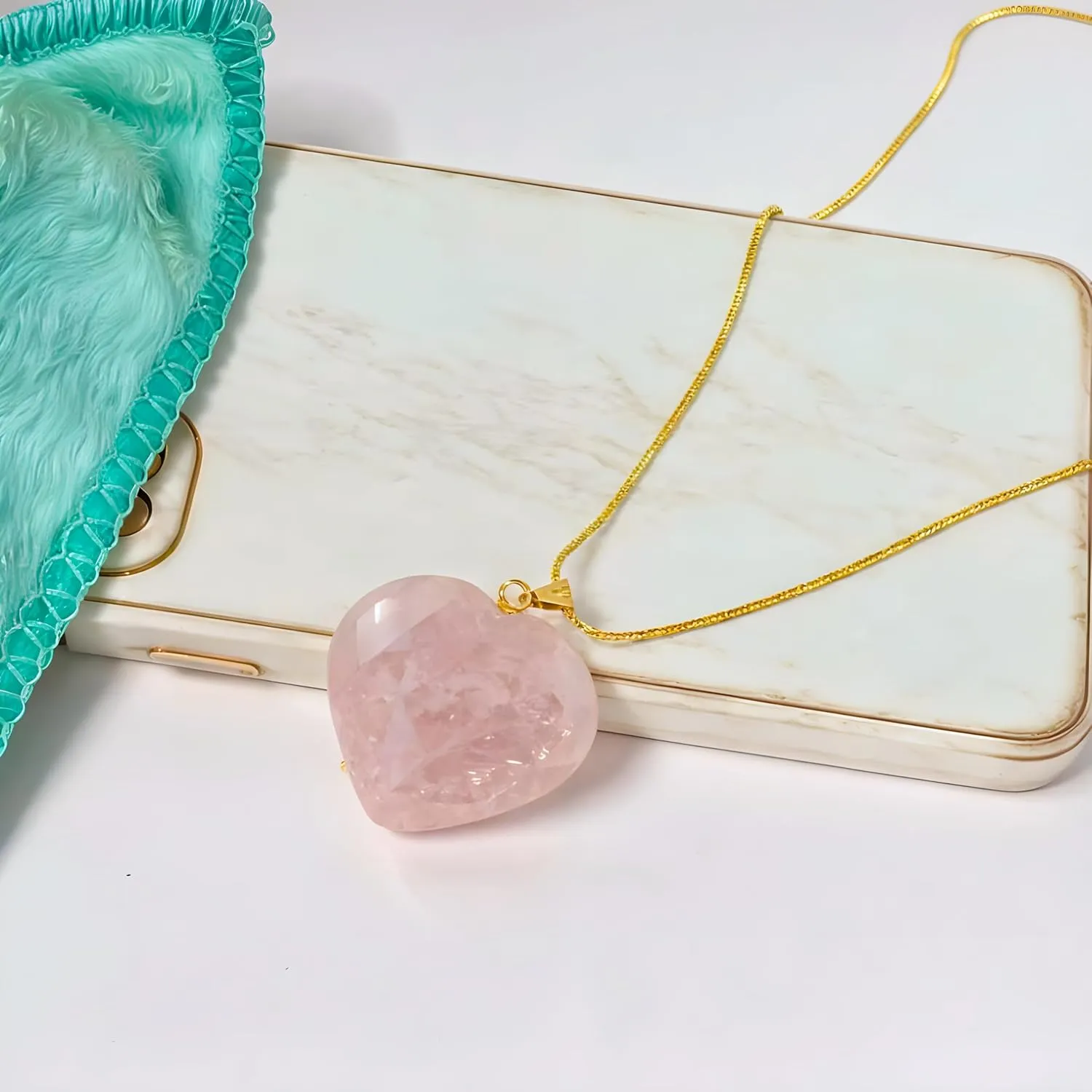 Rose Quartz Crystal Necklace Quartz Healing Puffy Love Heart Stone Pointed Pendant Quartz Jewelry for Women Girls Girlfriend Wife