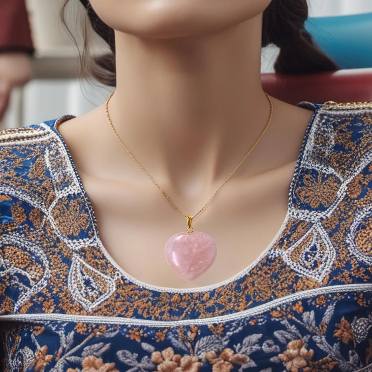 Rose Quartz Crystal Necklace Quartz Healing Puffy Love Heart Stone Pointed Pendant Quartz Jewelry for Women Girls Girlfriend Wife