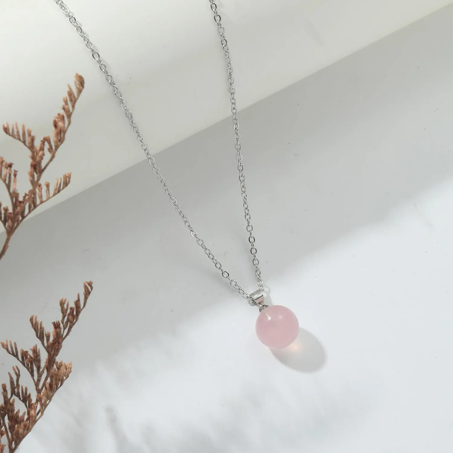Rose Quartz Necklace for Women Silver 10mm Round Rose Quartz Crystal Necklace Pendant Natural Stone Necklaces Gemstone Necklace Carnelian Jewelry for Women Girls Mother's day gift