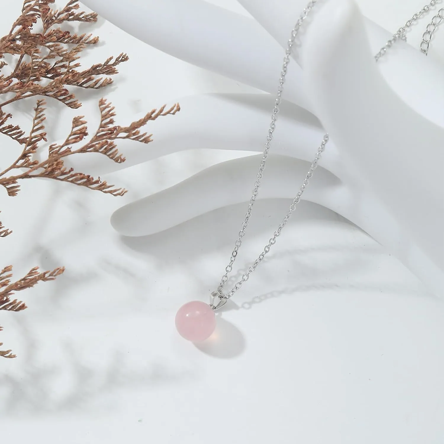 Rose Quartz Necklace for Women Silver 10mm Round Rose Quartz Crystal Necklace Pendant Natural Stone Necklaces Gemstone Necklace Carnelian Jewelry for Women Girls Mother's day gift
