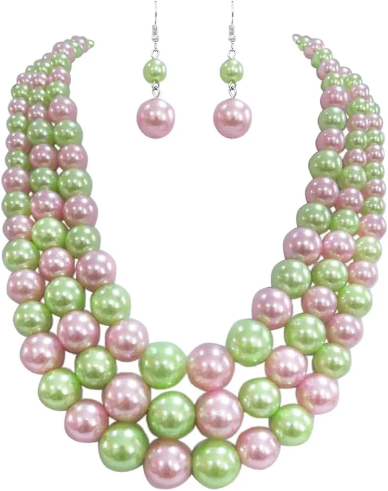 Rosemarie & Jubalee Women's 3 Colorful Multi Strands Simulated Pearl Necklace And Earrings Jewelry Gift Set, 18" 3" Extender