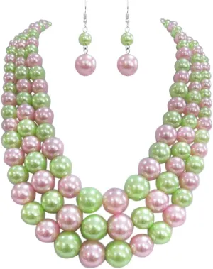 Rosemarie & Jubalee Women's 3 Colorful Multi Strands Simulated Pearl Necklace And Earrings Jewelry Gift Set, 18" 3" Extender