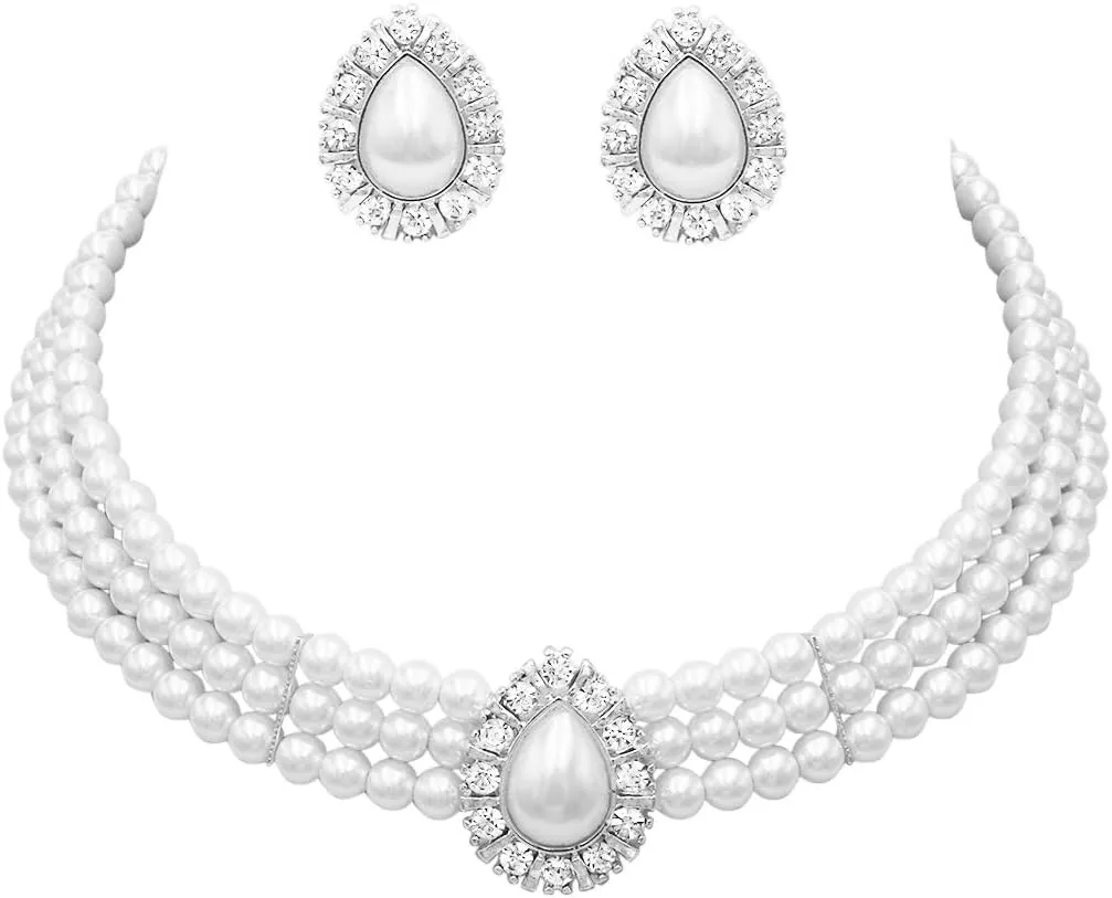 Rosemarie & Jubalee Women's Simulated Large Teardrop Pearl 3 Piece Choker Necklace Cuff Bracelet Clip On Earrings Bridal Jewelry Set, 11" 3" Extender