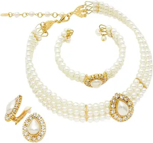 Rosemarie & Jubalee Women's Simulated Large Teardrop Pearl 3 Piece Choker Necklace Cuff Bracelet Clip On Earrings Bridal Jewelry Set, 11" 3" Extender