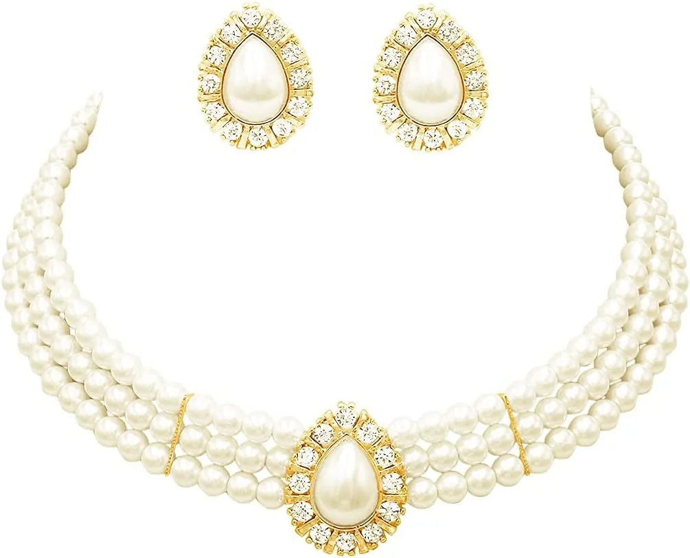 Rosemarie & Jubalee Women's Simulated Large Teardrop Pearl 3 Piece Choker Necklace Cuff Bracelet Clip On Earrings Bridal Jewelry Set, 11" 3" Extender