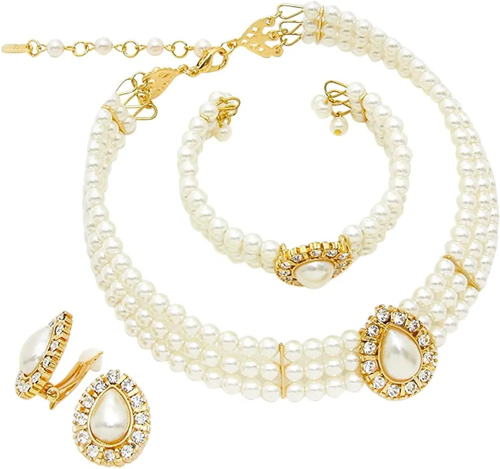 Rosemarie & Jubalee Women's Simulated Large Teardrop Pearl 3 Piece Choker Necklace Cuff Bracelet Clip On Earrings Bridal Jewelry Set, 11" 3" Extender