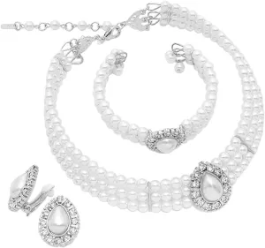 Rosemarie & Jubalee Women's Simulated Large Teardrop Pearl 3 Piece Choker Necklace Cuff Bracelet Clip On Earrings Bridal Jewelry Set, 11" 3" Extender