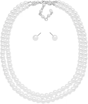 Rosemarie Collections Double-Strand Classic Simulated Pearl Necklace And Earring Set - Adjustable Faux Pearl Necklaces for Women - Elegant Jewelry for Special Occasions & Everyday Wear
