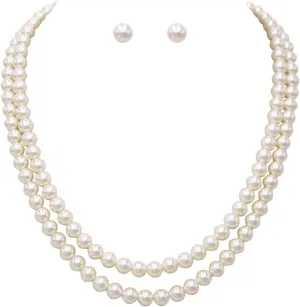 Rosemarie Collections Double-Strand Classic Simulated Pearl Necklace And Earring Set - Adjustable Faux Pearl Necklaces for Women - Elegant Jewelry for Special Occasions & Everyday Wear
