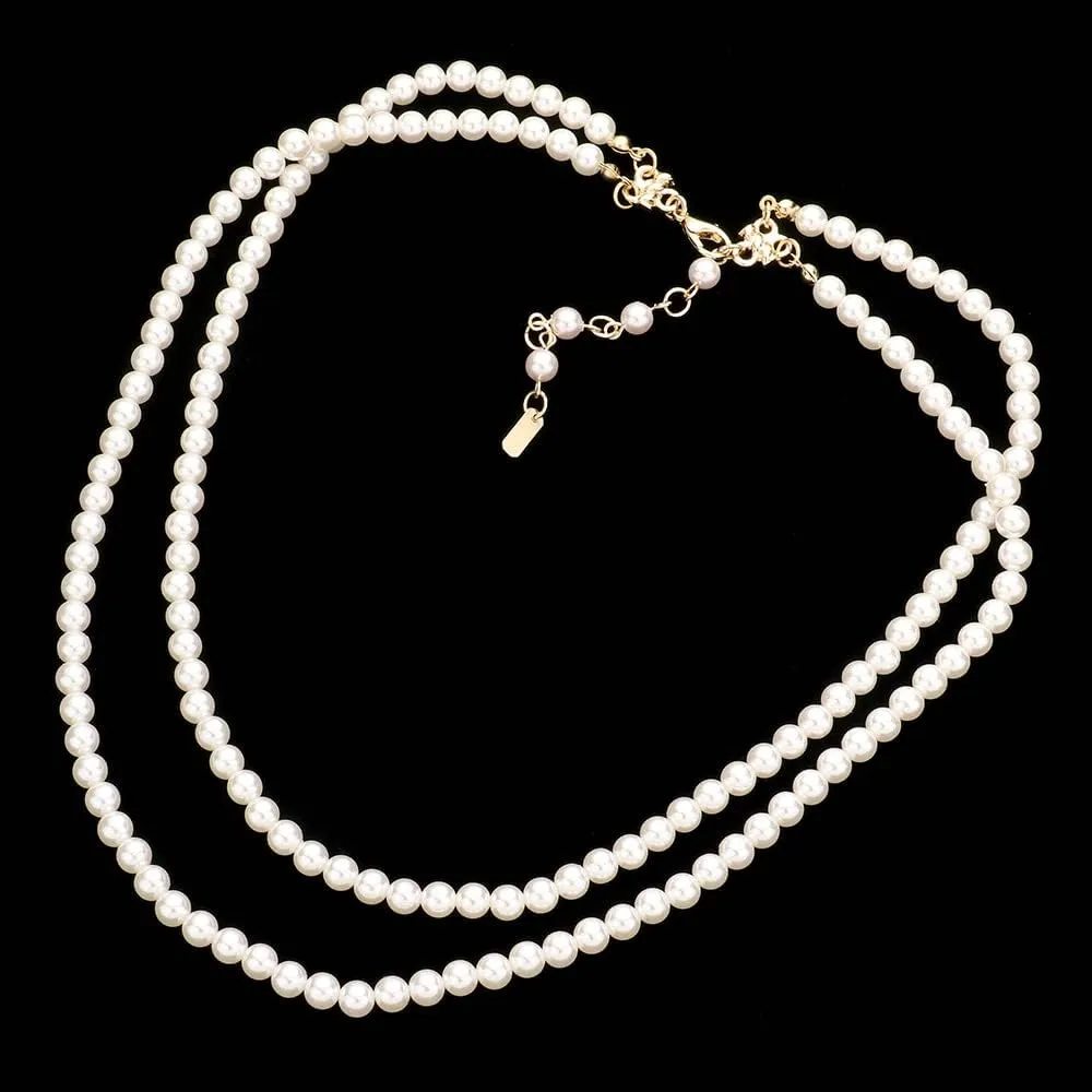 Rosemarie Collections Double-Strand Classic Simulated Pearl Necklace And Earring Set - Adjustable Faux Pearl Necklaces for Women - Elegant Jewelry for Special Occasions & Everyday Wear