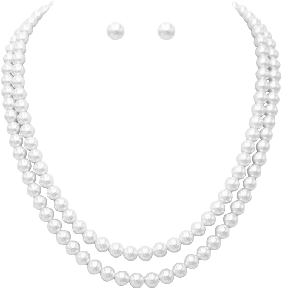 Rosemarie Collections Double-Strand Classic Simulated Pearl Necklace And Earring Set - Adjustable Faux Pearl Necklaces for Women - Elegant Jewelry for Special Occasions & Everyday Wear