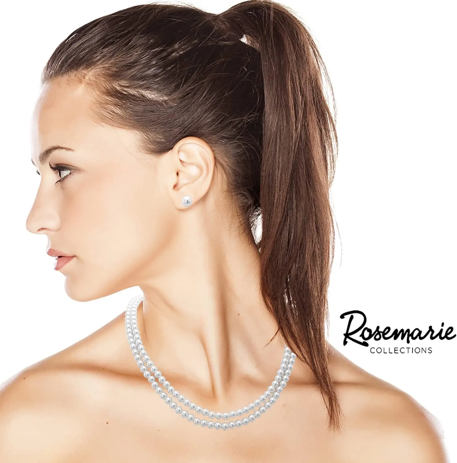Rosemarie Collections Double-Strand Classic Simulated Pearl Necklace And Earring Set - Adjustable Faux Pearl Necklaces for Women - Elegant Jewelry for Special Occasions & Everyday Wear