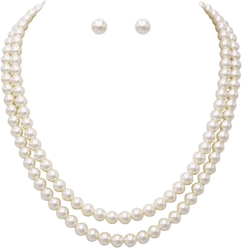 Rosemarie Collections Double-Strand Classic Simulated Pearl Necklace And Earring Set - Adjustable Faux Pearl Necklaces for Women - Elegant Jewelry for Special Occasions & Everyday Wear
