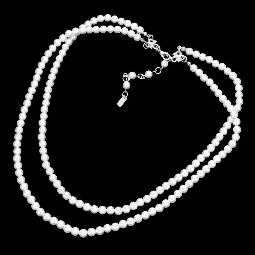 Rosemarie Collections Double-Strand Classic Simulated Pearl Necklace And Earring Set - Adjustable Faux Pearl Necklaces for Women - Elegant Jewelry for Special Occasions & Everyday Wear