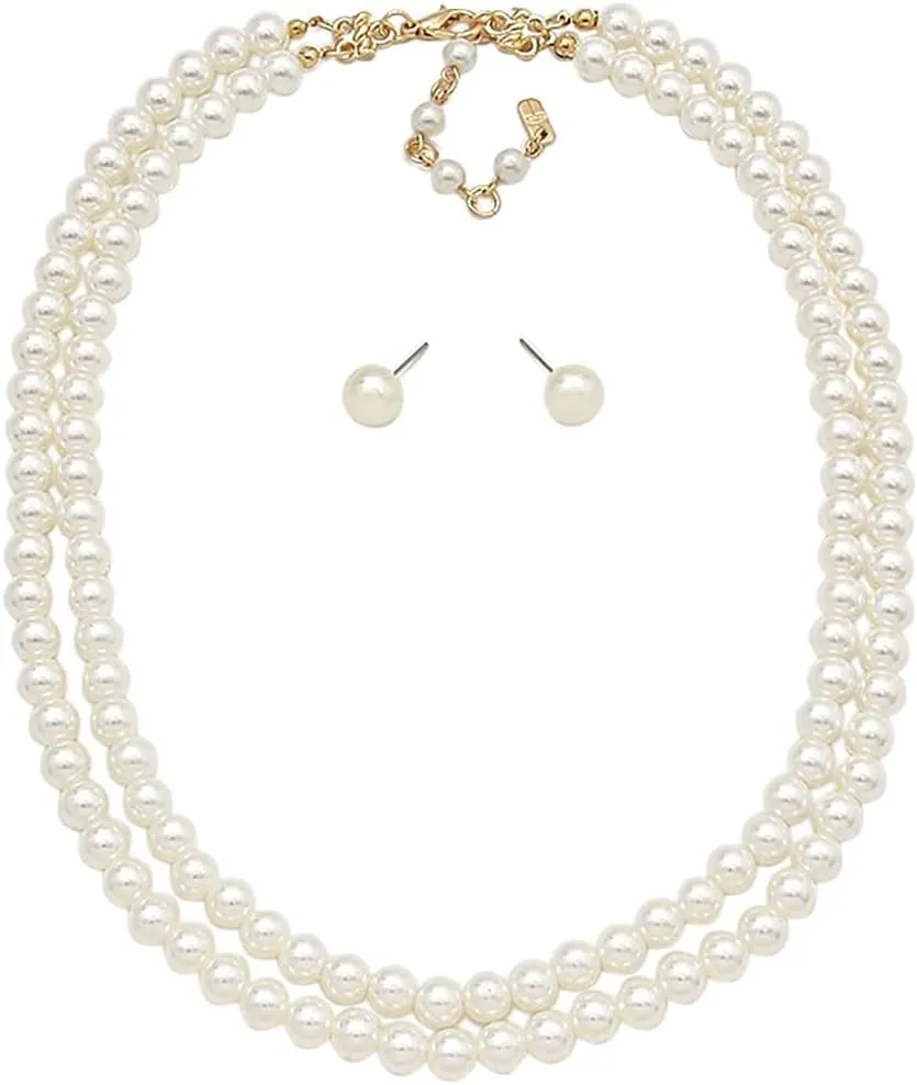 Rosemarie Collections Double-Strand Classic Simulated Pearl Necklace And Earring Set - Adjustable Faux Pearl Necklaces for Women - Elegant Jewelry for Special Occasions & Everyday Wear