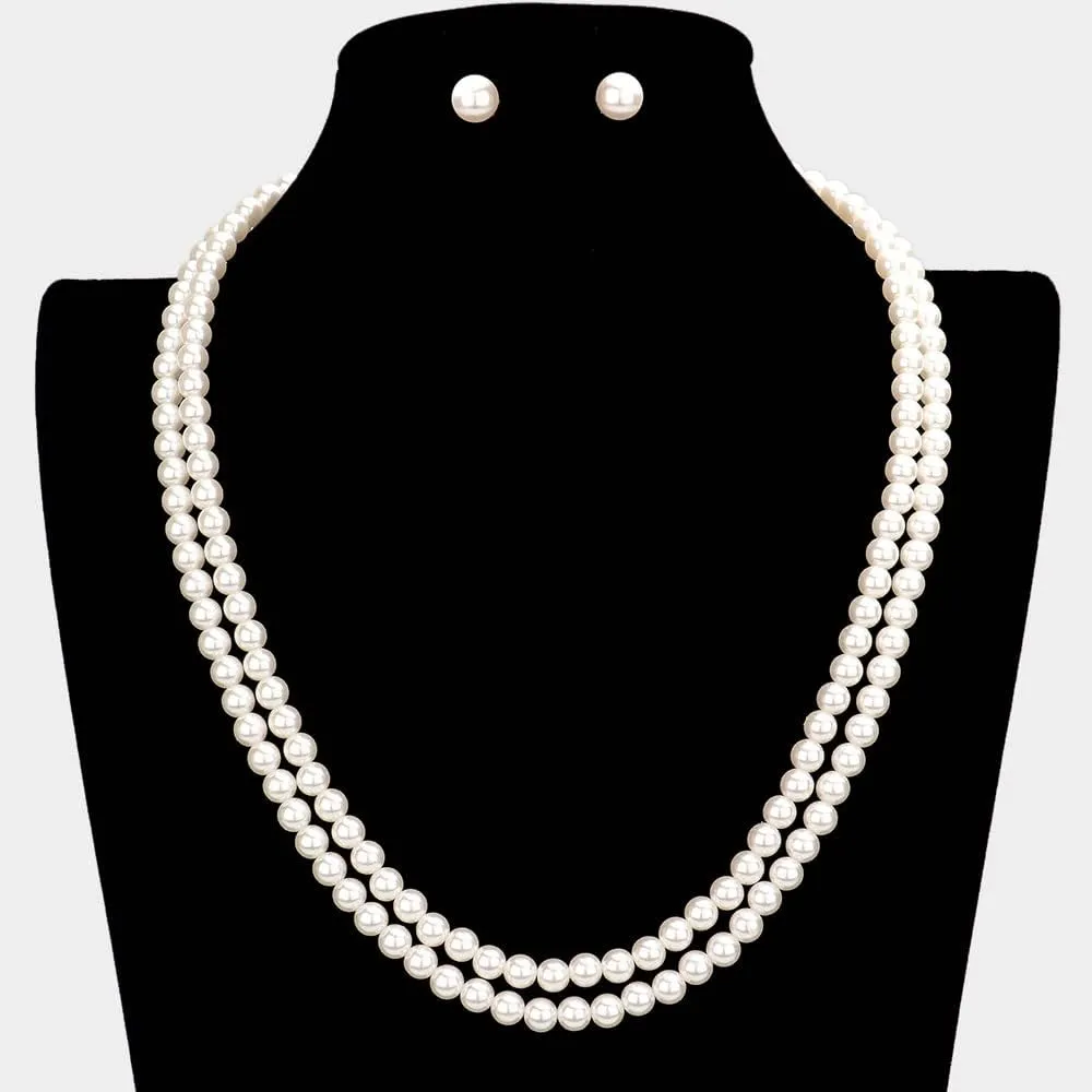 Rosemarie Collections Double-Strand Classic Simulated Pearl Necklace And Earring Set - Adjustable Faux Pearl Necklaces for Women - Elegant Jewelry for Special Occasions & Everyday Wear