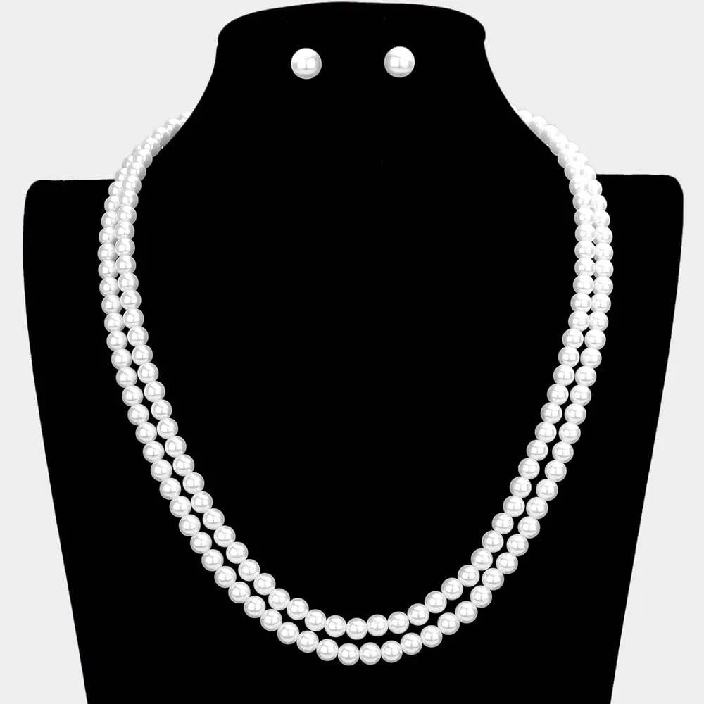 Rosemarie Collections Double-Strand Classic Simulated Pearl Necklace And Earring Set - Adjustable Faux Pearl Necklaces for Women - Elegant Jewelry for Special Occasions & Everyday Wear